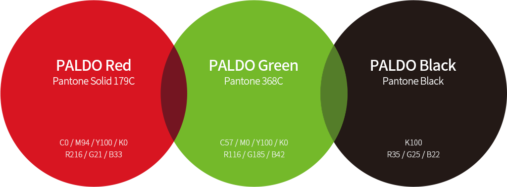 PALDO Red - Pantone Solid 179C / PALDO Green - Pantone 368C / PALDO Black - Pantone Black